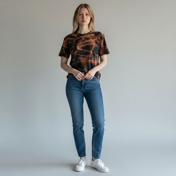 Black Short Sleeve 100% Cotton Tee Shirt Bleached Tie Dye crewneck Size L - Picture 1 of 4